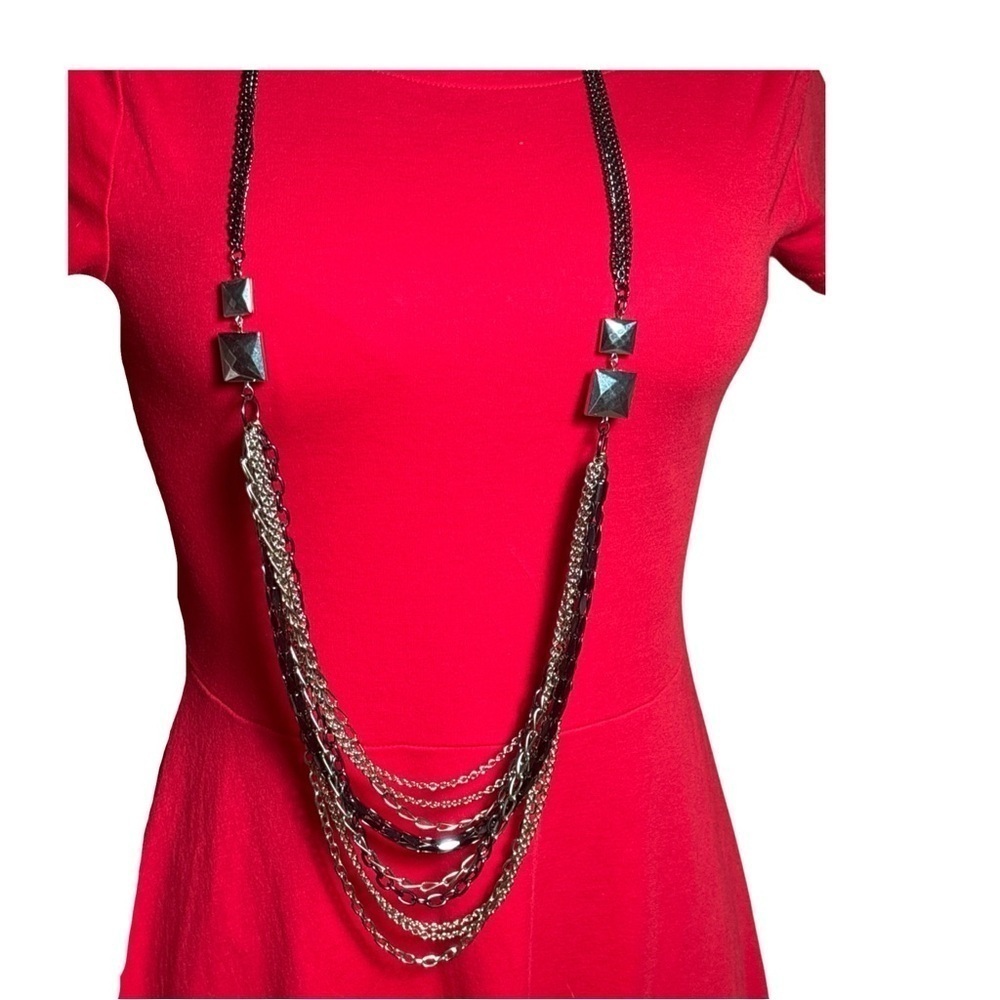 Vintage Layered Multi -Chain Metallic Statement Necklace- Silver & black